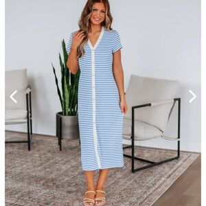 Blue Striped V-Neck Maxi Dress
